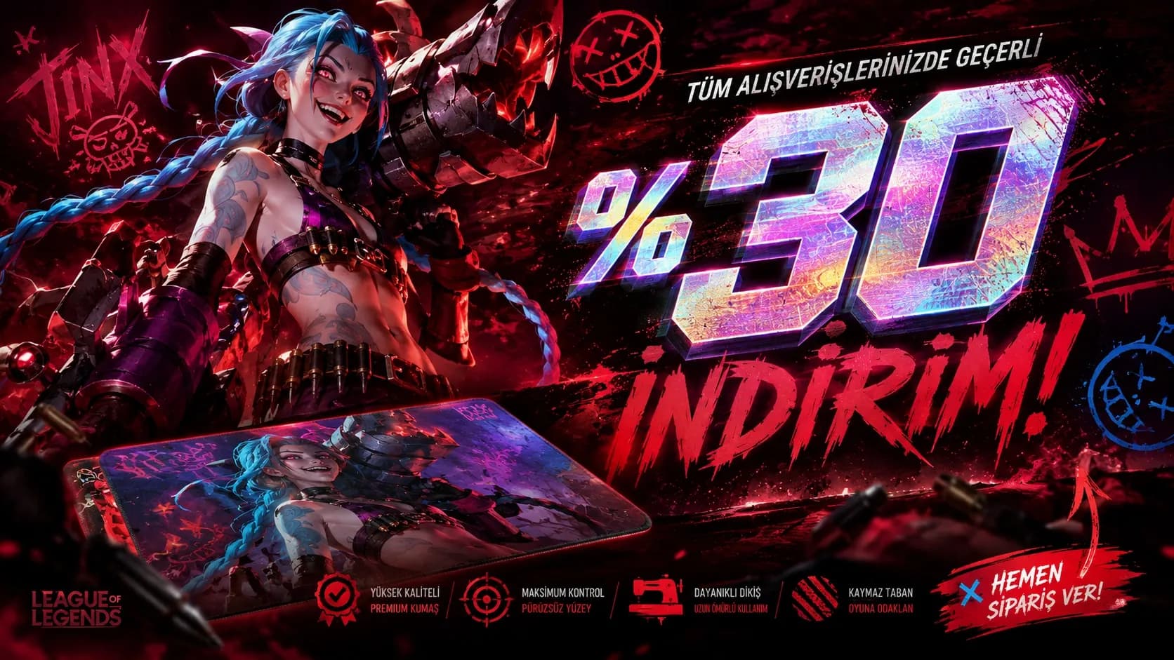 Jinx geldi! ⚡💥 Tüm alışverişlerde %30 indirim başladı. #leagueoflegends #jinx #padrift