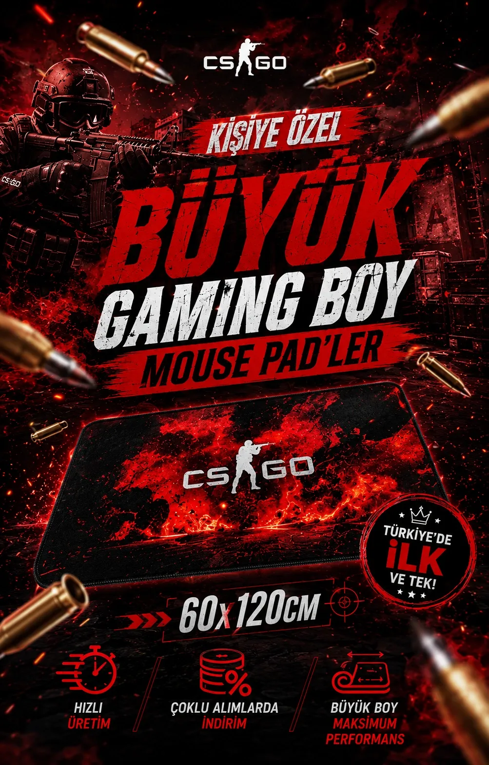 CS:GO temalı kişiye özel büyük boy gaming mouse pad — 60x120 cm